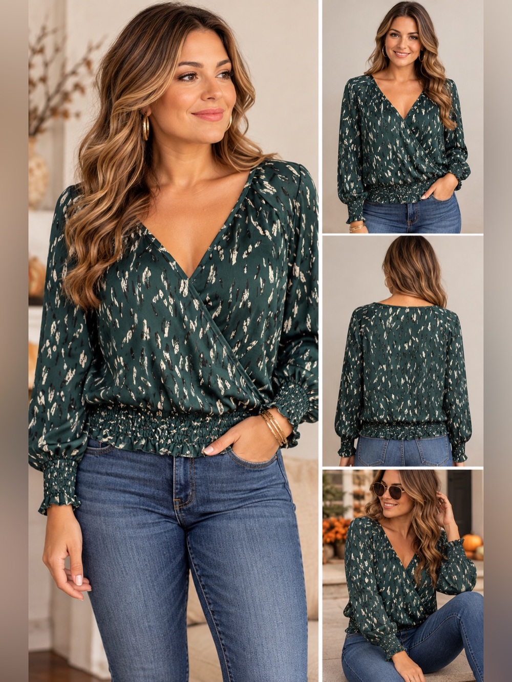 Hazel Forest Green Abstract Print Surplice Smocked Blouse
